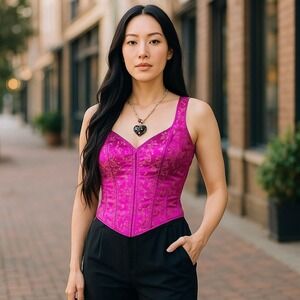 Vintage Y2K Magenta Pink Satin Brocade Corset Floral Boned Adjustable XS/S